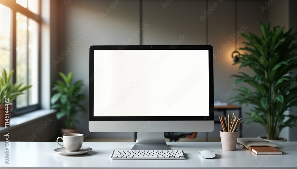 Leinwandbilder Modern office desk with blank screen computer monitor. Empty workspace with tech tools. Modern design. Empty display for graphic content. White table top and gray walls. Modern interior.