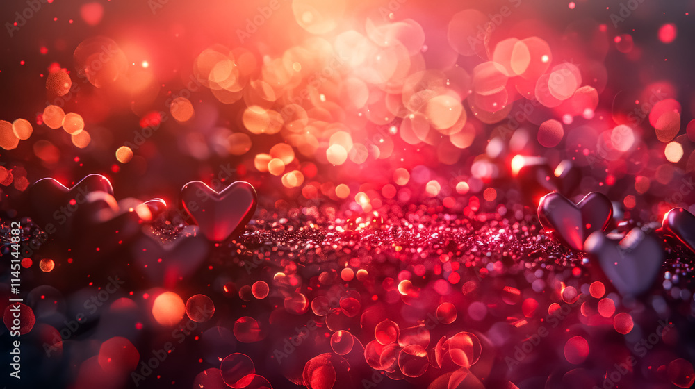 Wall mural red background with many hearts scattered across it. the hearts are small and shiny, and they are sp