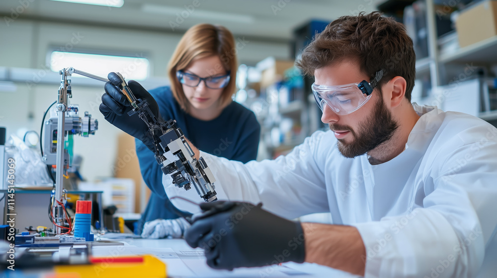 Poster researchers collaborate in a laboratory to develop advanced robotics and automation technology