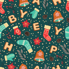 Seamless Christmas pattern. Holiday background with Christmas elements. Cartoon texture for fabric, wallpaper, wrapping paper.