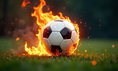 Soccer ball on fire flames rising glowing energy