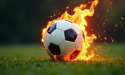 Fototapeta premium Soccer ball on fire flames rising glowing energy