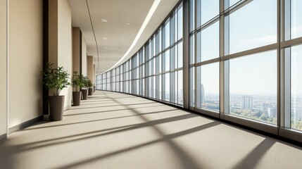 A beautiful modern spacious office hall with panoramic windows and a perspective in natural beige and brown tones