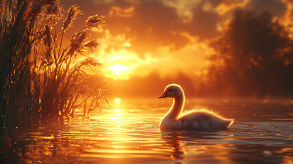 Fototapeta premium A baby swan floating on a calm lake surrounded by tall reeds under a golden sunset,