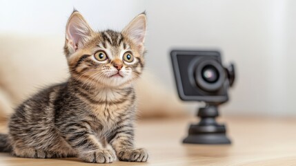 Playful tabby kitten sitting beside a compact black camera on a light surface highlighted by sharp focus and soft shadows in a minimalist setup