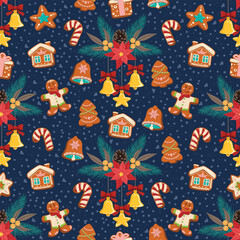 Seamless Christmas pattern. Holiday background with Christmas elements. Cartoon texture for fabric, wallpaper, wrapping paper.