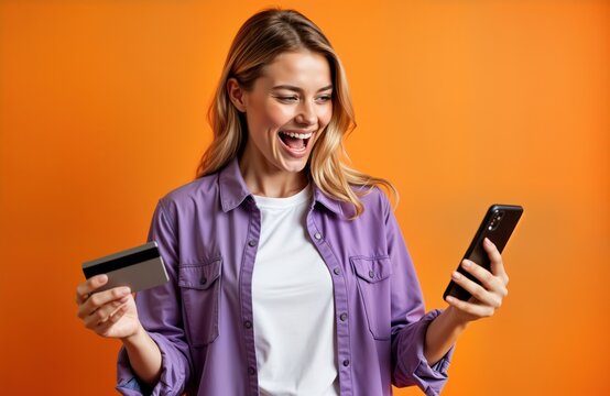 Young woman in purple shirt, white t-shirt holds mobile phone, credit card. Excited expression. Online shopping, booking delivery tour. Studio shot against orange background. Casual attire. Cashless