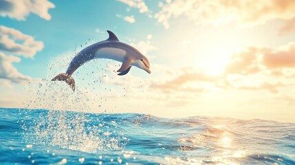 Obraz premium Dolphin leaping from ocean waves at sunset.