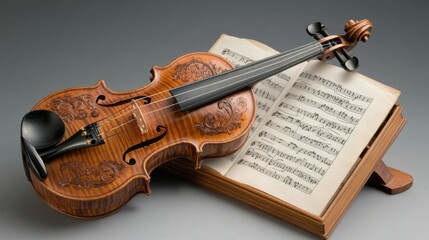 Fototapeta premium A finely carved violin and a bow lying on a sheet music stand