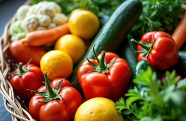 Fresh vegetables, fruits in basket. Colorful assortment of produce including tomatoes peppers cucumbers, lemons. Healthy food concept. Variety of colors, types. Perfect for grocery store healthy