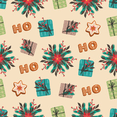 Seamless Christmas pattern. Holiday background with Christmas elements. Cartoon texture for fabric, wallpaper, wrapping paper.