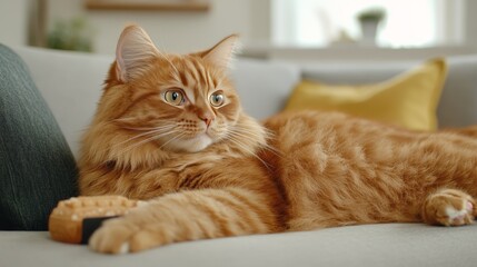 Ginger tabby cat reclining on a yellow pillow in a cozy living room with soft shadows and warm lighting adding comfort and homely charm to the composition