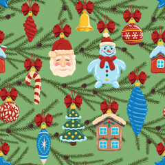 Seamless Christmas pattern. Holiday background with Christmas elements. Cartoon texture for fabric, wallpaper, wrapping paper.