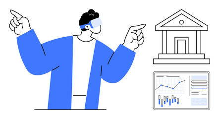 Person wearing a VR headset pointing towards a bank building and financial charts. Ideal for technology, finance, banking, virtual reality, data analysis, fintech, digital transformation. Line