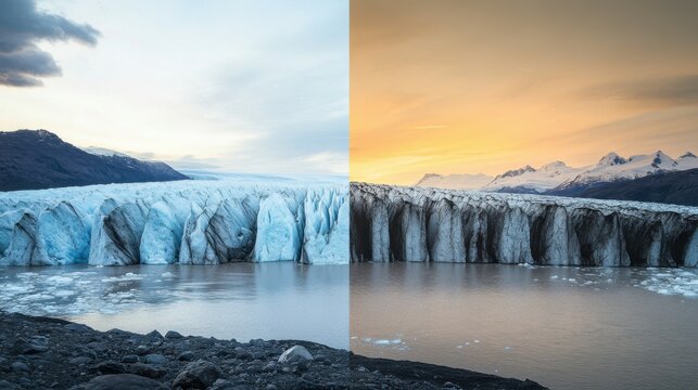 A time-lapse of a glacier retreating over the years, symbolizing the rapid melting of ice due to rising global temperatures