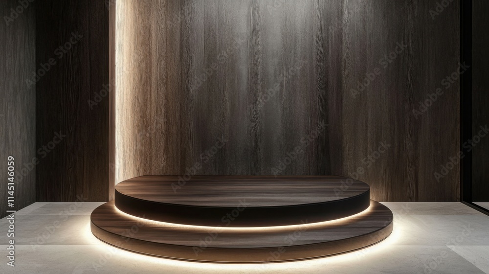 Poster an elegant podium made of dark wood with built-in led lighting at the edges, creating a stylish atmo