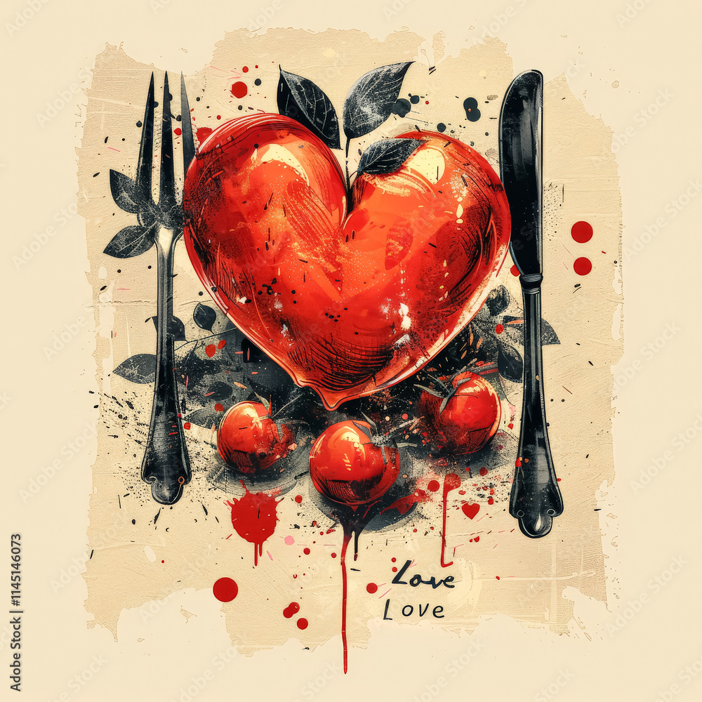 Poster heart with a fork and knife on it with the words love written below. the image has a romantic and in