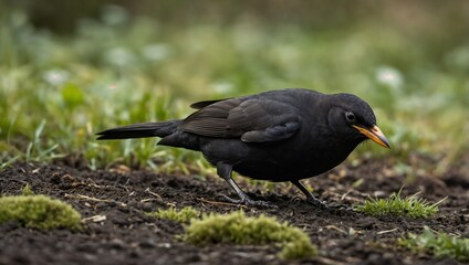 Fototapeta premium Black bird, starling on the road