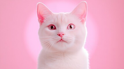 White cat gazing at the camera with a radiant pink halo effect in a bold and vibrant studio photography setting