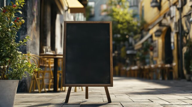 An empty blackboard sign mockup is positioned in front of a restaurant, ready for menu listings. The setting includes a street cafe or restaurant background