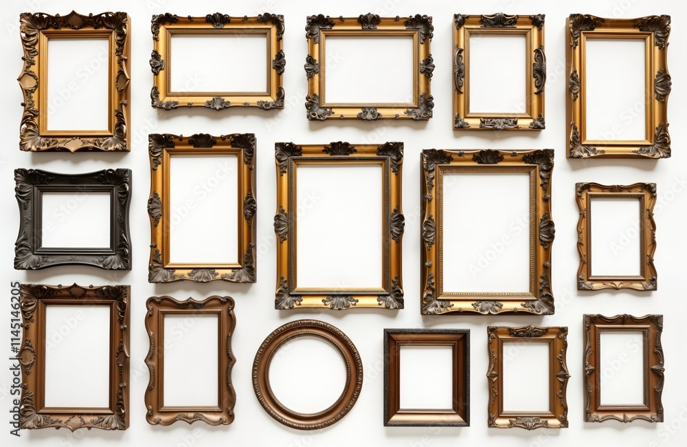 Aufkleber collection of empty vintage picture frames in various shapes, sizes displayed on white background. d
