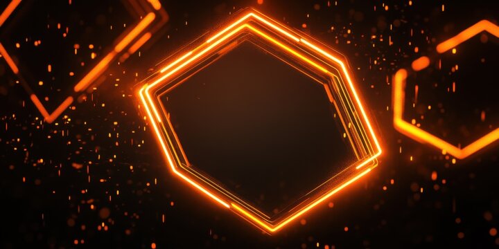 A neon orange hexagonal frame glowing softly against a deep black background, sharp angles and smooth edges