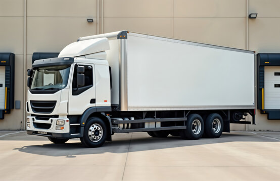 White box truck parks at warehouse loading bay. Commercial transport vehicle parked. Modern design freight truck awaits loading unloading. Refrigerated transport of goods. Exterior of cargo truck.