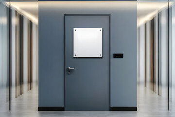 Name plate design mockup handing on door, 3d render. Door sign mock up template on entry in cabinet. Office hall interior with nameplate on door