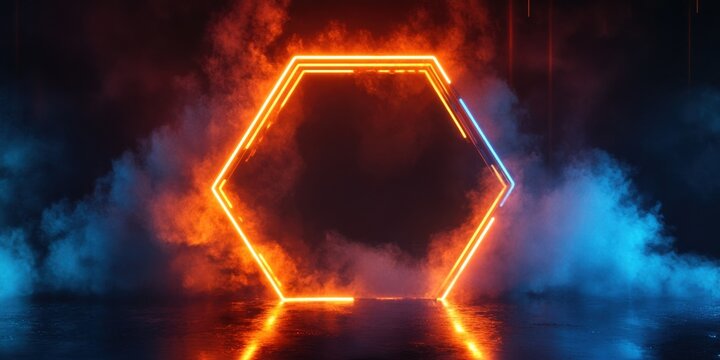 A sleek hexagonal neon frame in glowing orange and electric blue, with subtle reflections and delicate smoke trails on a glossy black background, exuding a modern tech vibe