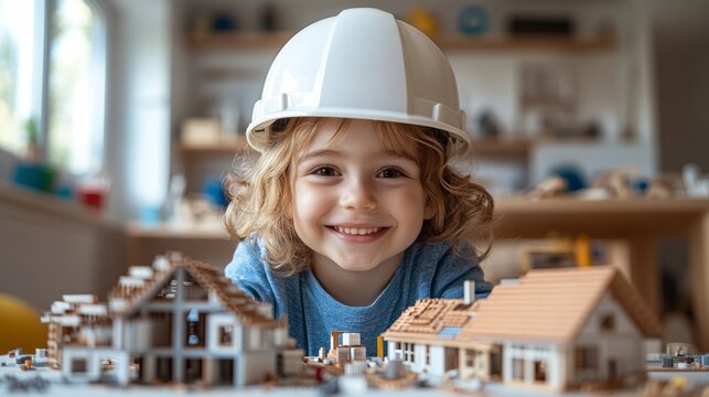 Un enfant souriant portant un casque de chantier blanc, assis &agrave; une table avec un mod&egrave;le de maison miniature fait de minuscules briques et de tuiles de toit, con&ccedil;u pour repr&eacute;senter la cr&eacute;ativit&eacute; 