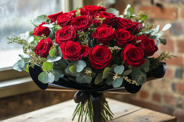 Bouquet of red roses arranged with lush green leaves