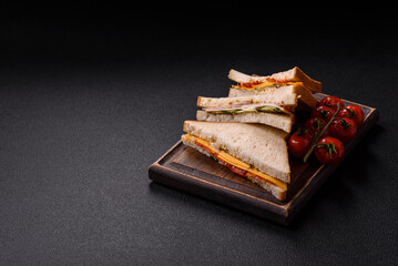Sandwich with ham, salami, tomatoes, mustard, salt and spices