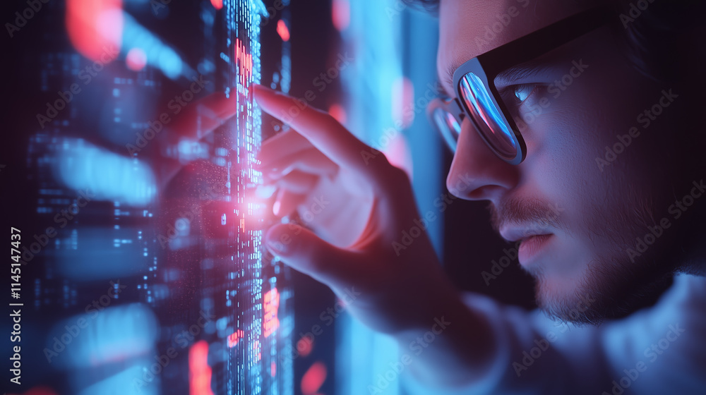 Poster individual interacts with futuristic interface displaying complex data in a modern tech environment
