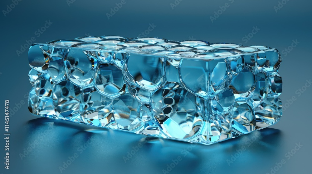 Poster a translucent block of ice with rounded shapes, reflecting light in a cool setting.