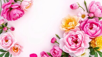 A fresh arrangement of pink peonies and roses against a blank background for copyspace, pink, space, roses