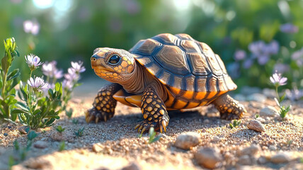 Obraz premium A charming baby tortoise crawling slowly on a sandy path, with small wildflowers nearby,