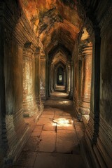 Fototapeta premium Ancient stone corridor, sunlight, weathered walls, columns.
