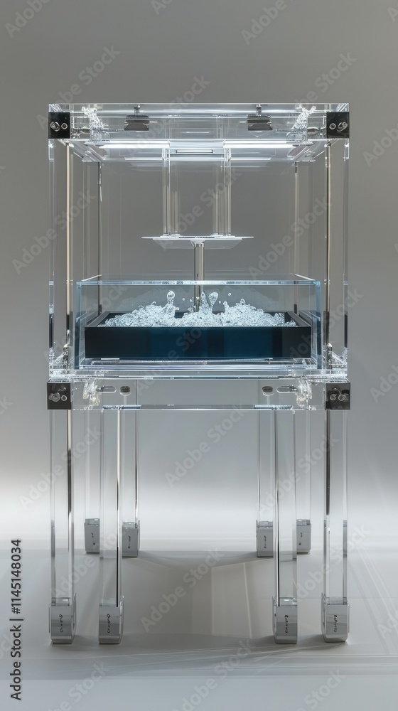 Poster a transparent acrylic display stand with a layered design, showcasing a textured surface.