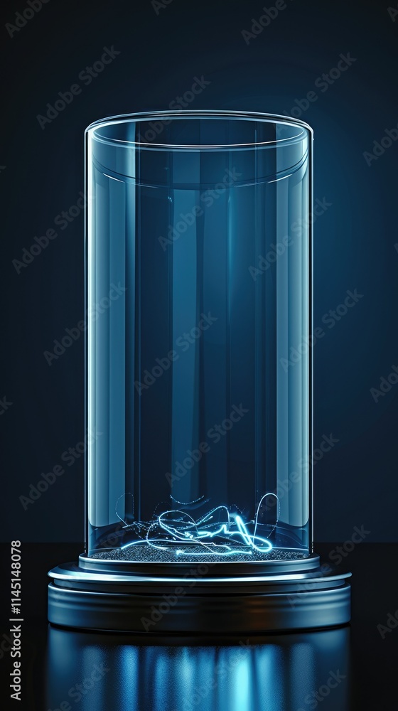 Poster a transparent cylindrical container with glowing elements inside, set against a dark background.