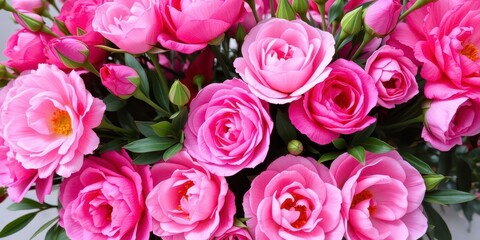 Fototapeta premium A beautiful arrangement of fresh pink peonies and roses with empty space for text, nature, vibrant, pink