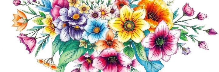 Fototapeta premium Beautiful watercolor illustration of assorted flowers in vibrant colors, design, spring