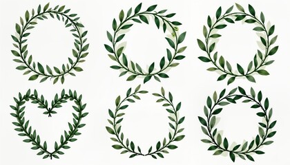 Watercolor illustration of floral wreaths, bouquets. Green leaves branches arranged in round, heart shapes. Botanical design set for various uses. Perfect for wedding invitations, wallpapers,