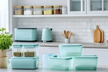 Bright kitchen with pastel storage containers, creating an organized, inviting space