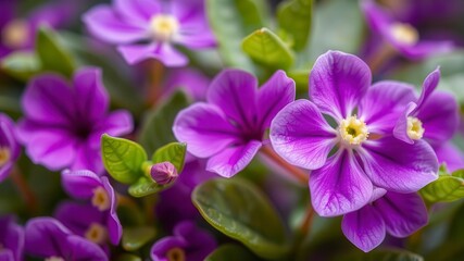 Obraz premium A close-up shot of delicate purple flower petals and leaves, fresh, nature, vibrant