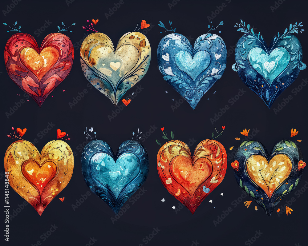 Aufkleber set of colorful hearts with different colors and designs. the hearts are arranged in a row and are s