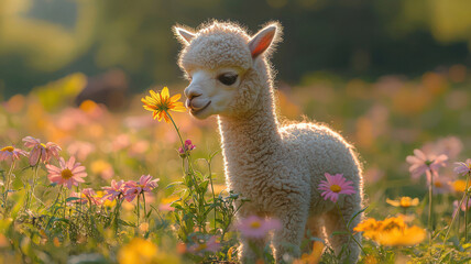 A cute baby alpaca chewing on a flower stem, standing in a vibrant field of wildflowers,