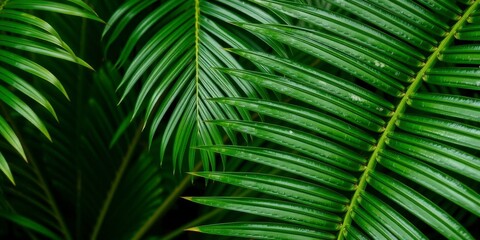 Close up of a tropical green palm leaf texture, showcasing its natural pattern and detail, close-up photography, tropical, pattern
