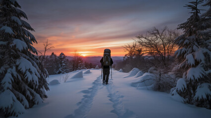 Solitary hiker trekking through deep snow at majestic winter sunset in mountains. Silhouette of adventurer making path in pristine wilderness. Concept of personal journey and inner strength in nature