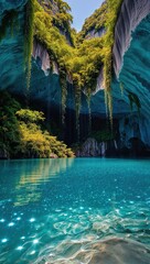 Enchanting tropical waterfall cascading into crystal-clear turquoise pool