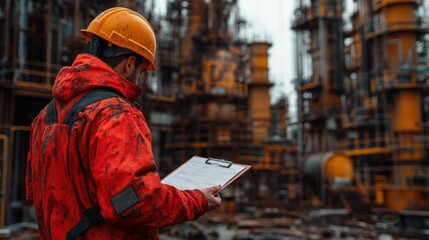Fototapeta premium A worker in a hard hat reviews a checklist in an industrial setting.